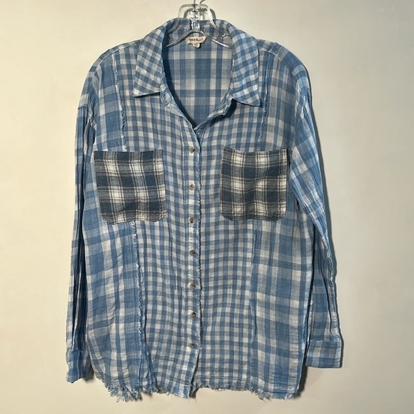 Hem & Thread Tops - HEM & THREAD Boho Cottage Gauze 2 Pocket Buffalo/Plaid Blue/WHT Fringe Top S/M